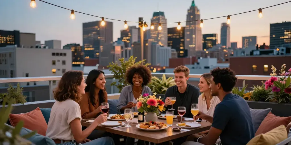 Renta de terrazas voor evenementen kleine in CDMX met vrienden op dakterras tijdens zonsondergang.