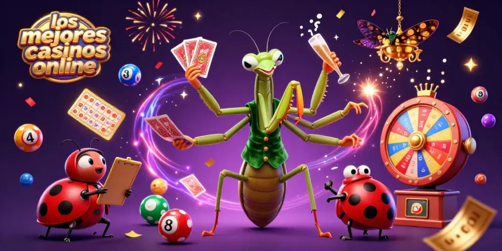 Disfruta de los mejores casinos online mientras una mantis y una mariquita celebran el juego.