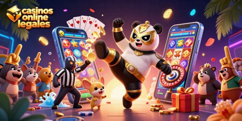 Ilustración en 3D de casinos online legales con panda luchador y espectáculo de ganancias.