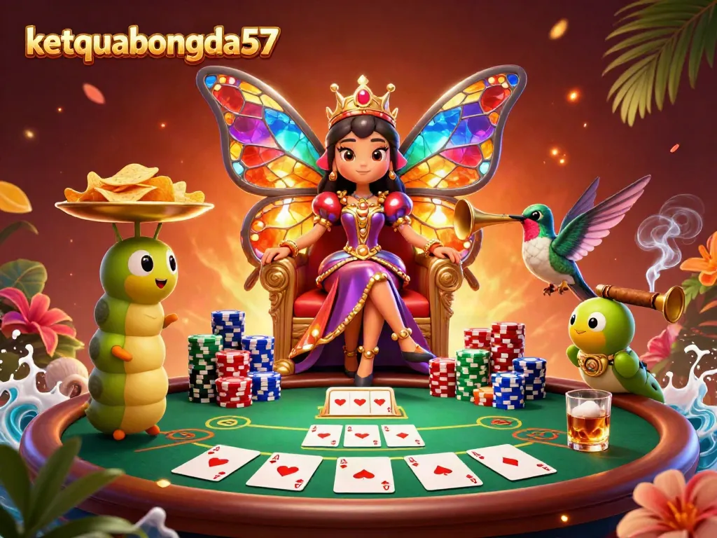 Experience the excitement of ketquabongda57 as a colorful butterfly queen oversees a vibrant poker scene.