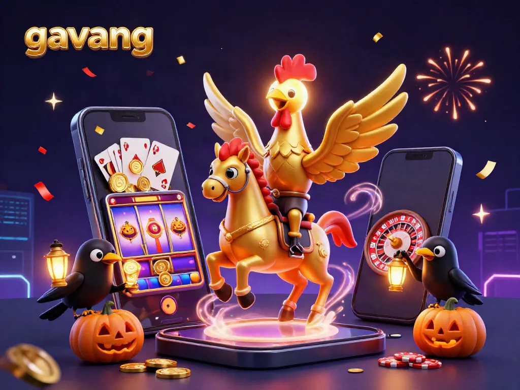 Experience the thrill of gaming on gavang with a golden rooster riding through a lively casino scene.