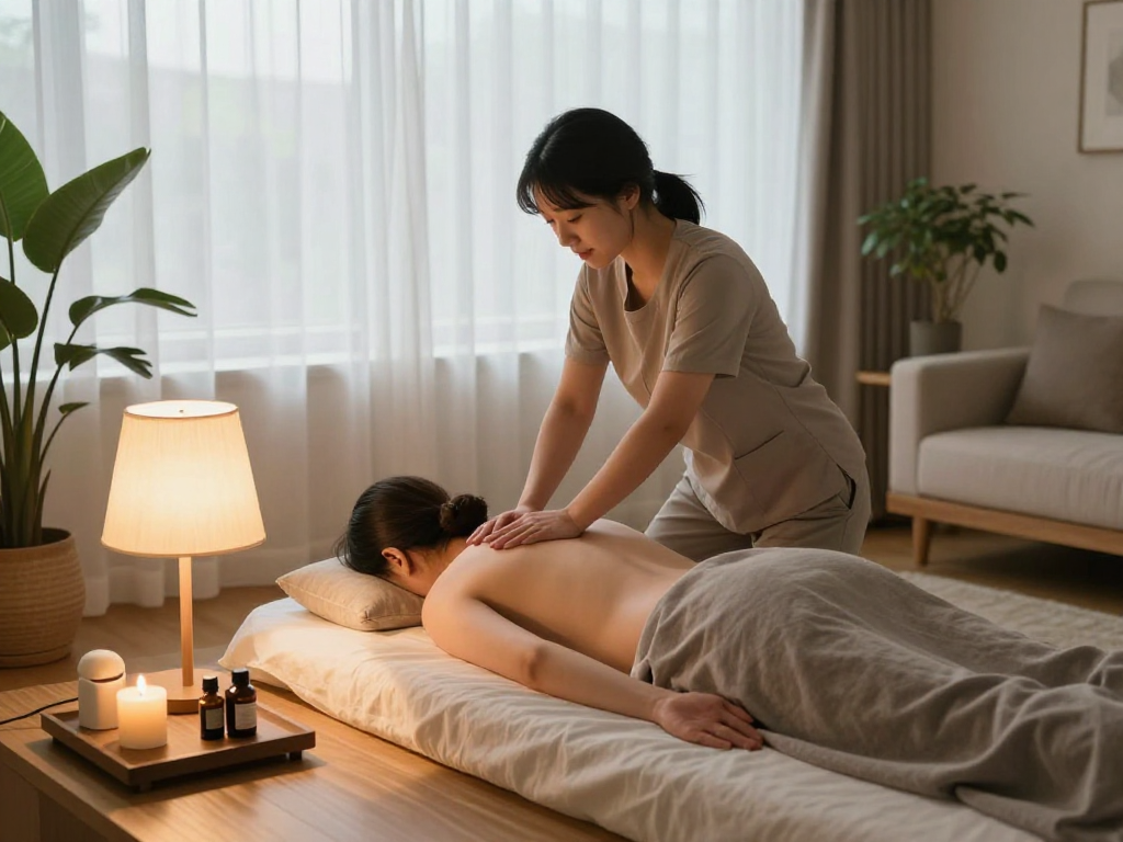 Relaxing 안양출장안마 home massage session in serene living room with professional masseuse.
