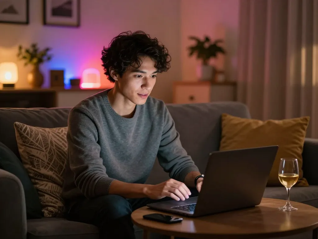 Engaging in NSFW chat on a laptop in a cozy living room setting, highlighting intimacy and comfort.