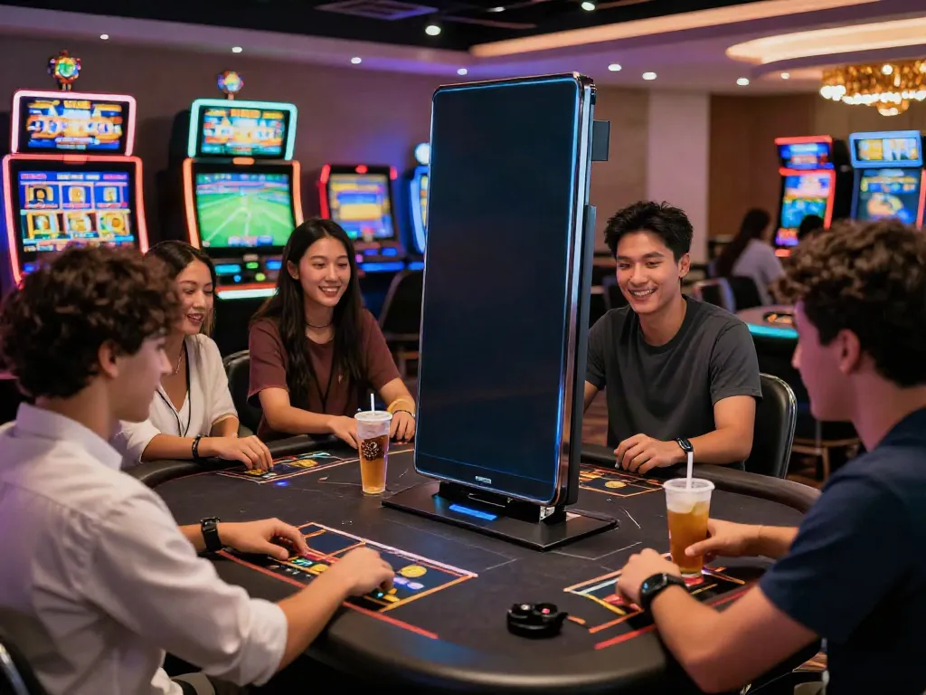 Exciting online gambling scene at TA88 with friends enjoying diverse gaming options in a modern casino.