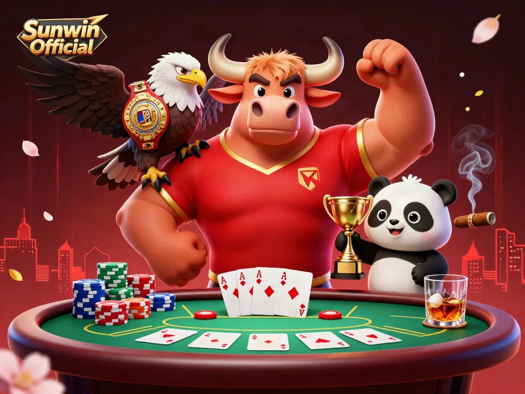 Experience immersive victory with Sunwin Official characters amidst a vibrant poker scene full of game elements.