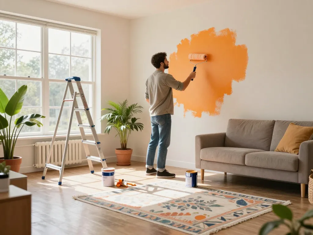 Actividades de mejora del hogar que muestran servicios hogar con un propietario pintando la pared de una sala de estar.