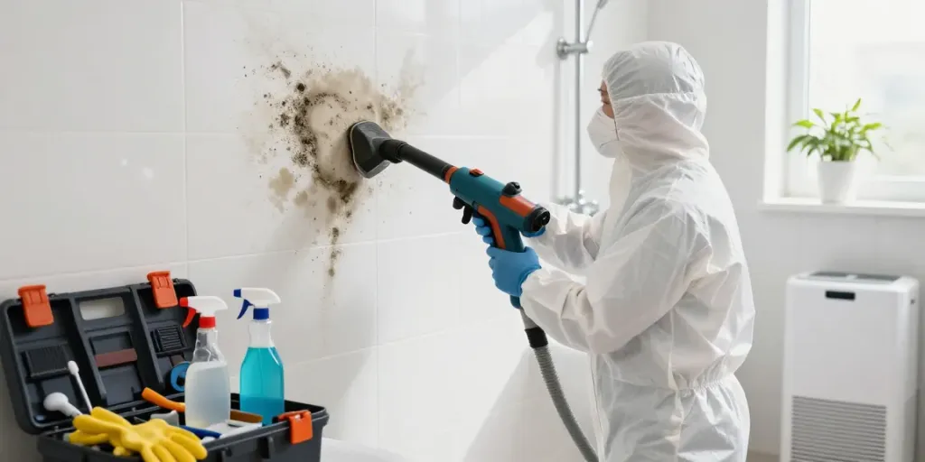 Desinfección de moho en Barcelona por un profesional con equipo de protección en un baño limpio y luminoso.