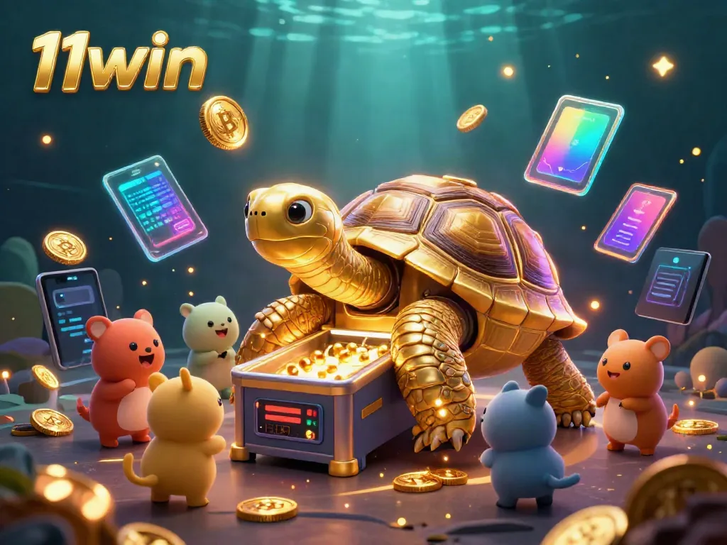 Play thrilling games with 11win amidst golden tortoises and vibrant crypto coins.