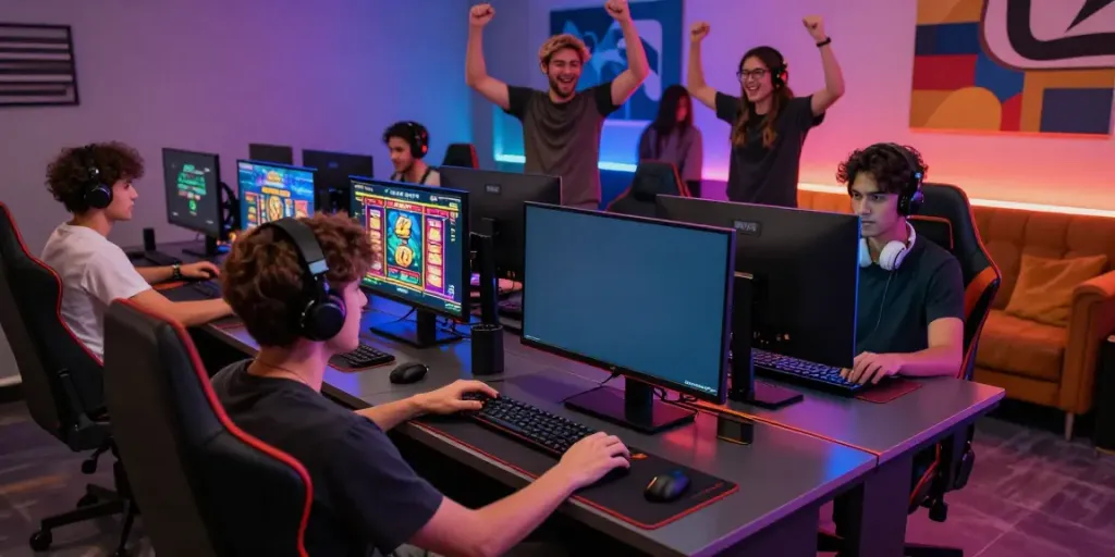 Nohuwin players immersed in thrilling online games within a vibrant gaming lounge