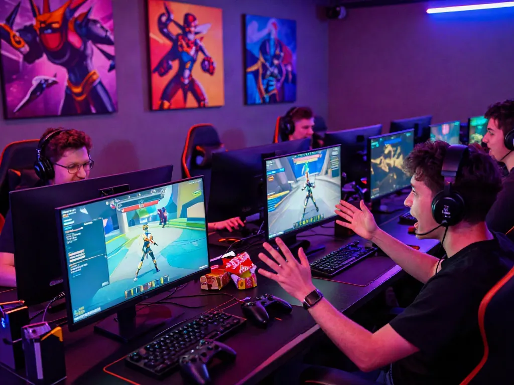 Players immersed in online games at Man88.hair's vibrant gaming lounge, showcasing a lively atmosphere with colorful visuals and accessories.