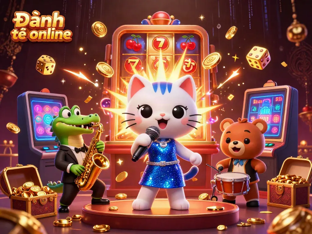 Experience Đánh đề online with a lively scene featuring a jazz-singer cat, saxophone crocodile, and a drum-playing bear cub.