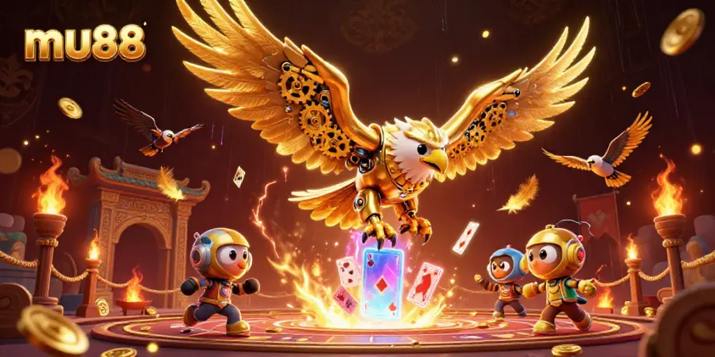 Experience the thrill of mu88 with a striking golden eagle amidst vibrant casino elements.