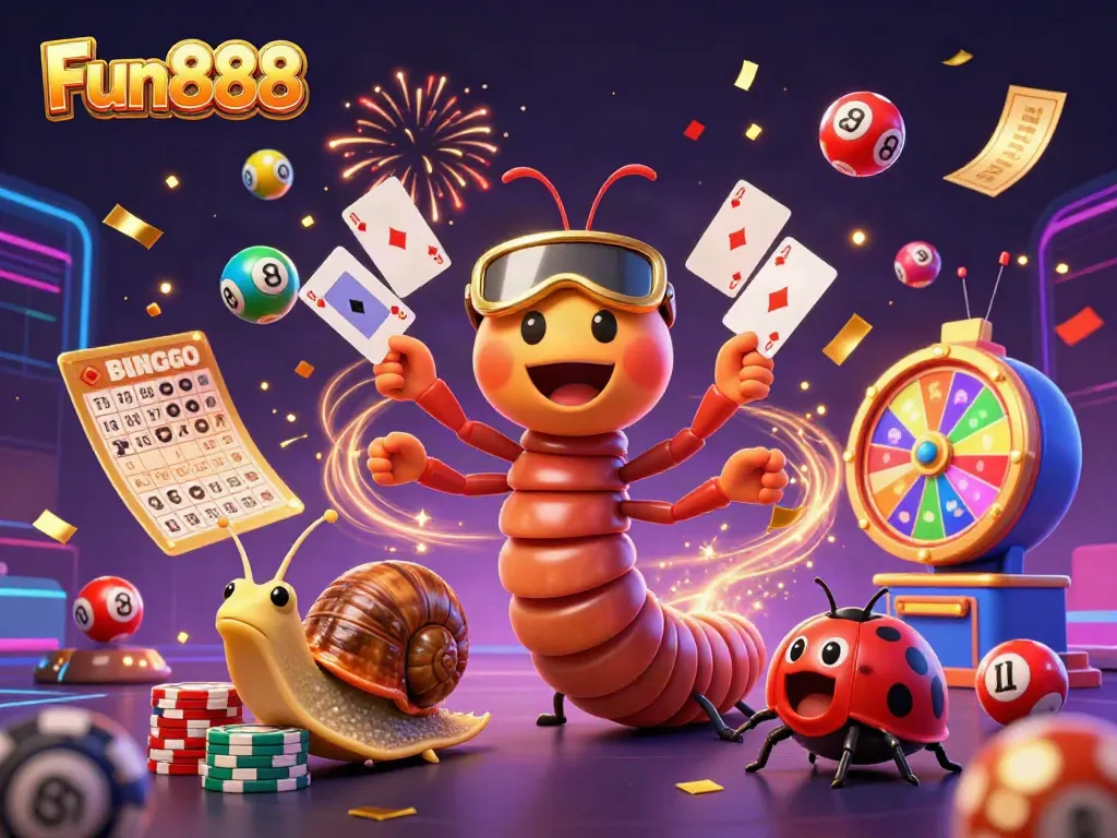 Exciting Fun888 gaming scene with a dealer, high-roller snail, and pill bug amid vibrant casino elements.