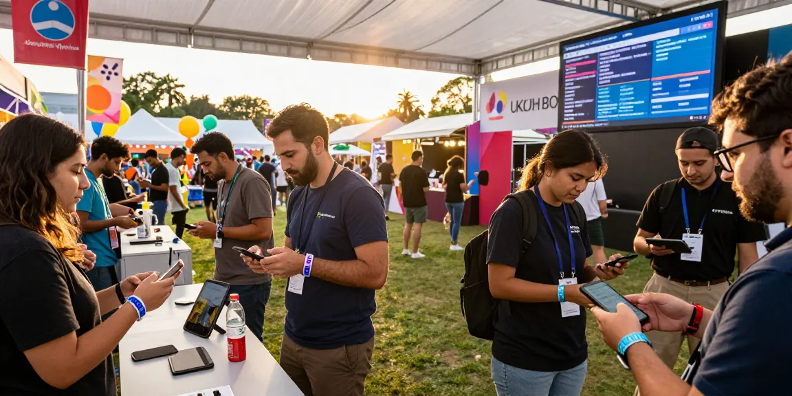 Enjoying pago cashless en eventos at a festival with NFC wristbands, attendees engaging with mobile payments.