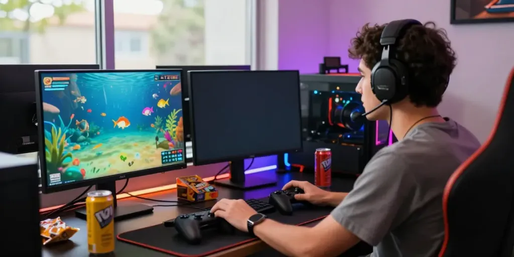Player enjoying a fish shooting game at du88 gaming setup with vibrant visuals.