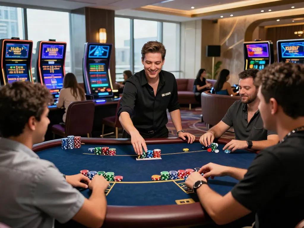 Engaging live dealer game scene at KU88 with happy players and vibrant atmosphere
