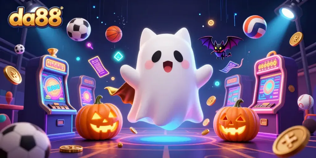 Experience the excitement at da88 as a ghost cat and bat navigate a dynamic haunted casino.