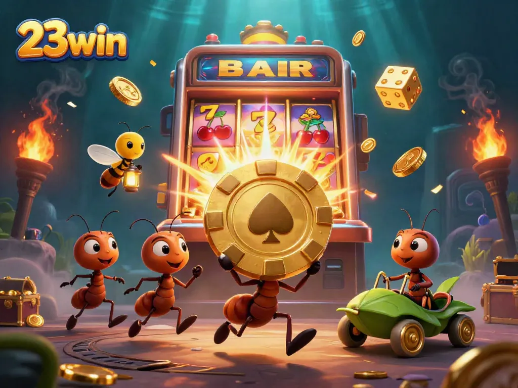 Engage with 23win’s thrilling adventure featuring cartoon ants in an exciting heist for golden poker chips and jackpot treasures!