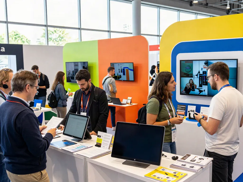Engaging exhibitors showcase their offerings at a vibrant trade fair, focusing on Expositores.