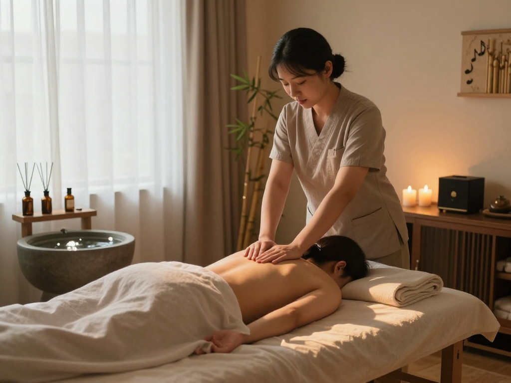 강동구출장마사지 in a calming therapy room with soft lighting and essential oils.