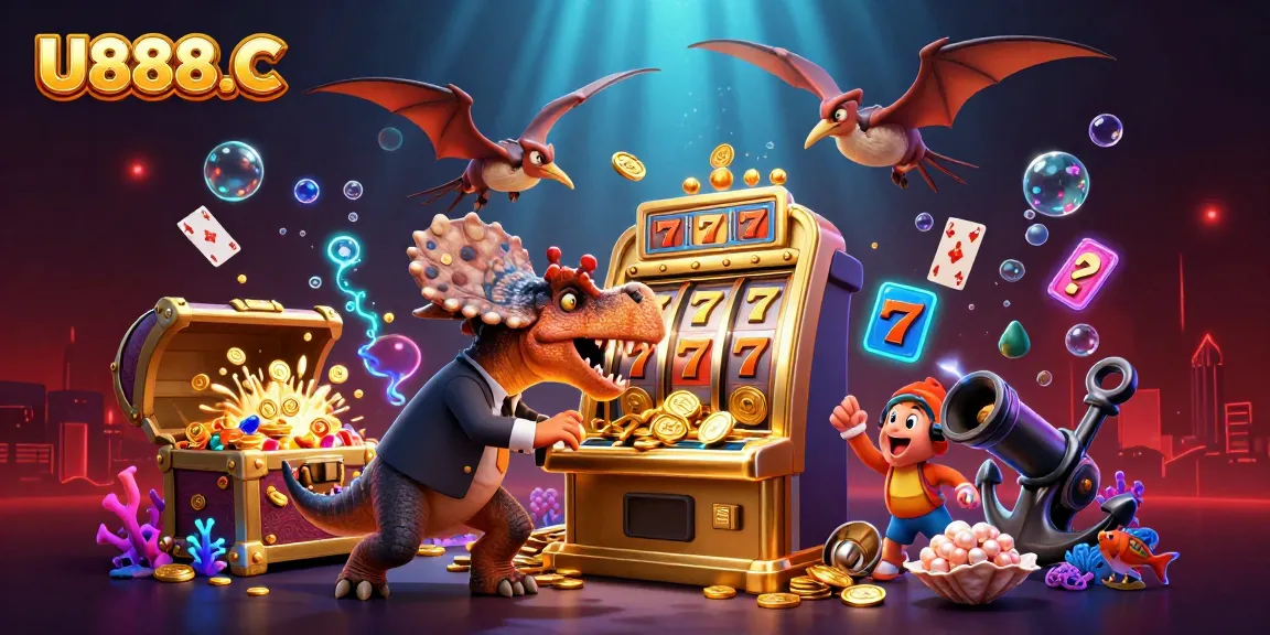 U888.C entertains players with a 3D scene of wild casino action featuring dynamic slot machines and vibrant gameplay.