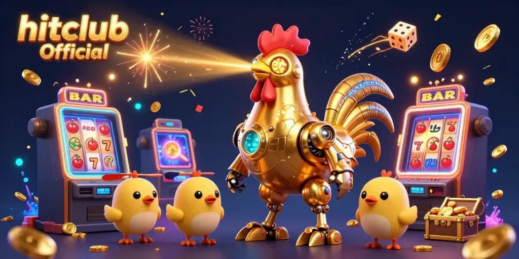 Experience hitclub Official with thrilling slot machines and a futuristic golden rooster in action.