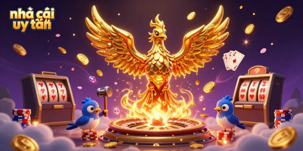 Exciting 3D casino illustration showcasing nhà cái uy tín with golden phoenix, vibrant coins, and game elements.