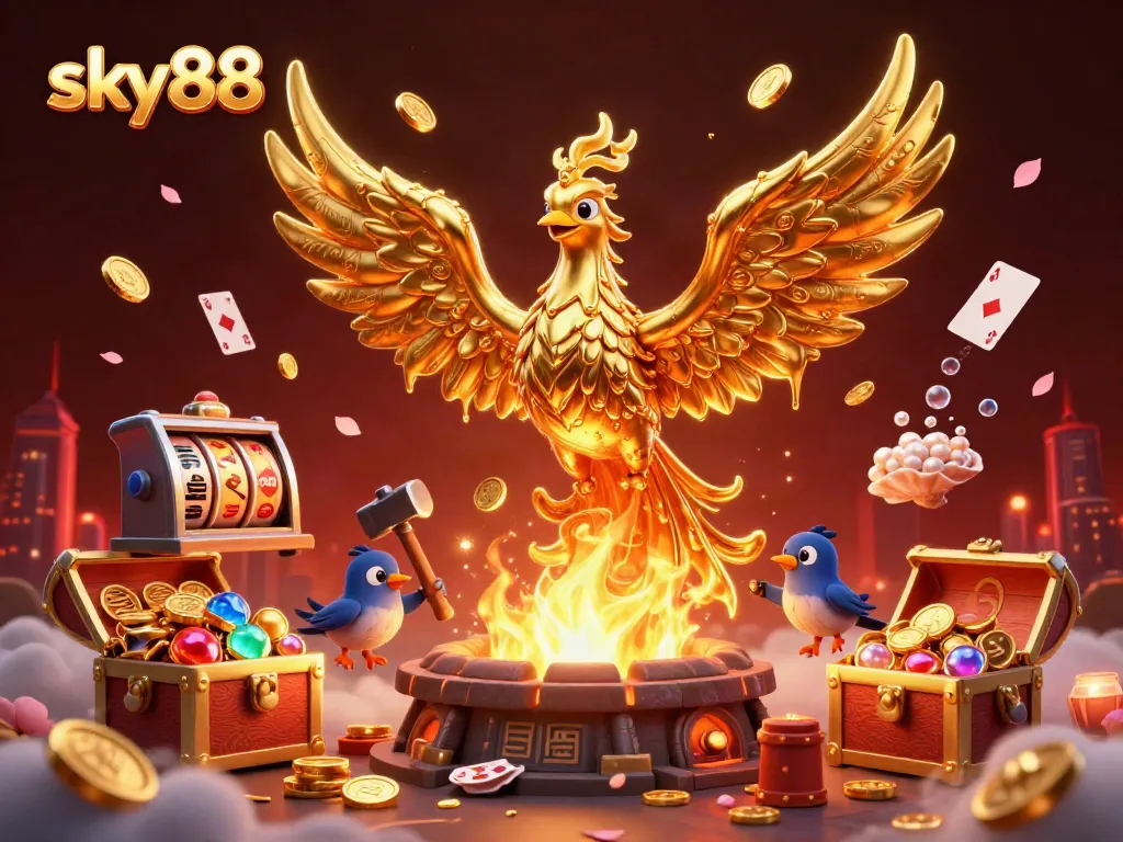 Engage with thrilling sky88 slots featuring a golden phoenix and vibrant game elements in a rich casino scene.