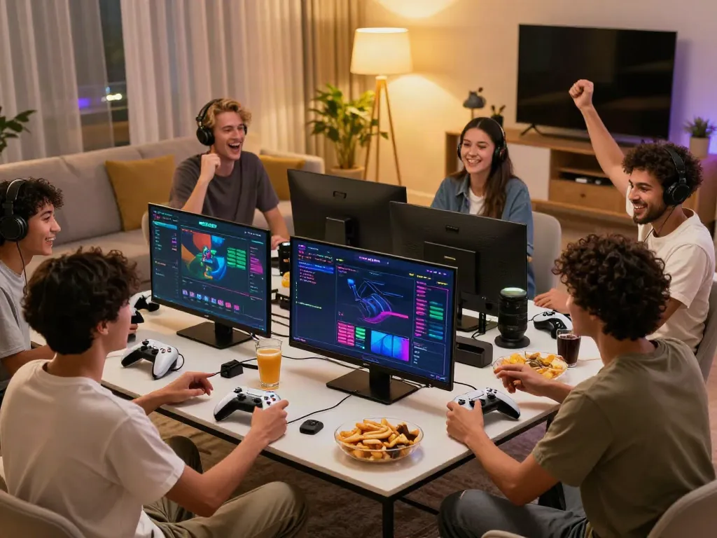 Friends enjoying a lively gaming night with SKY88 interface on screen.
