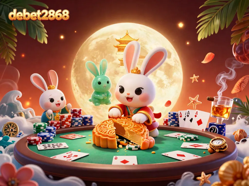 Experience winning poker action with debet2868 as a moon rabbit unveils poker chips in a dynamic 3D scene.