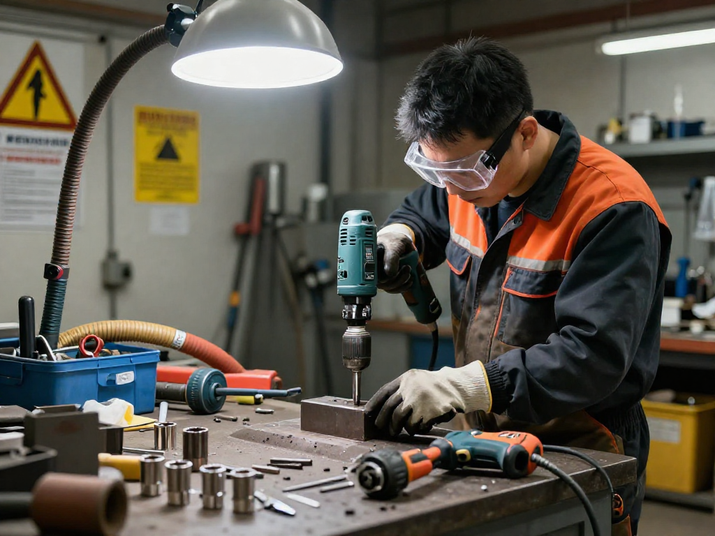 Taladros neumáticos en un taller industrial, técnico trabajando con herramientas de seguridad.