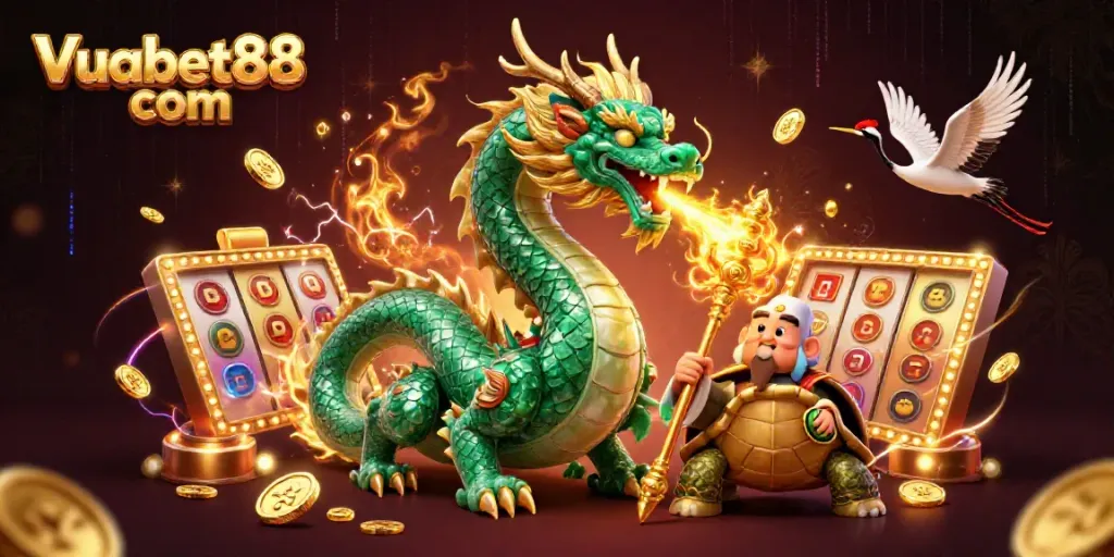 Experience thrilling slot gaming action with Vuabet88 com's detailed dragon and sage illustration.
