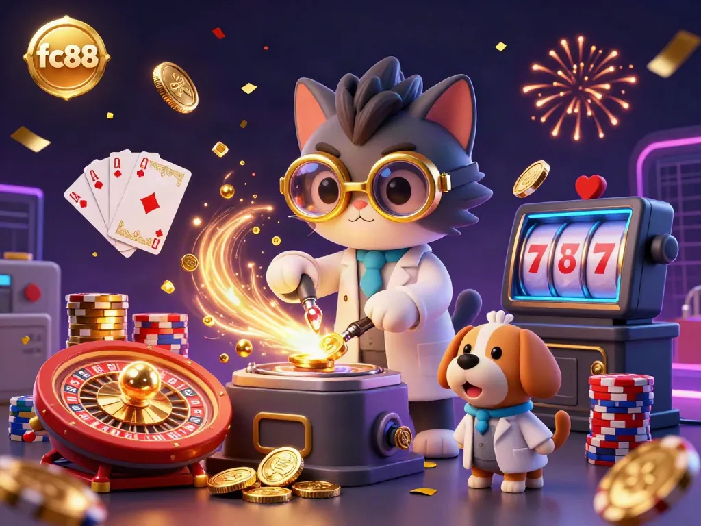 Enhance your winnings with fc88, featuring a mad scientist cat and loyal dog creating gold coins amidst casino thrills.