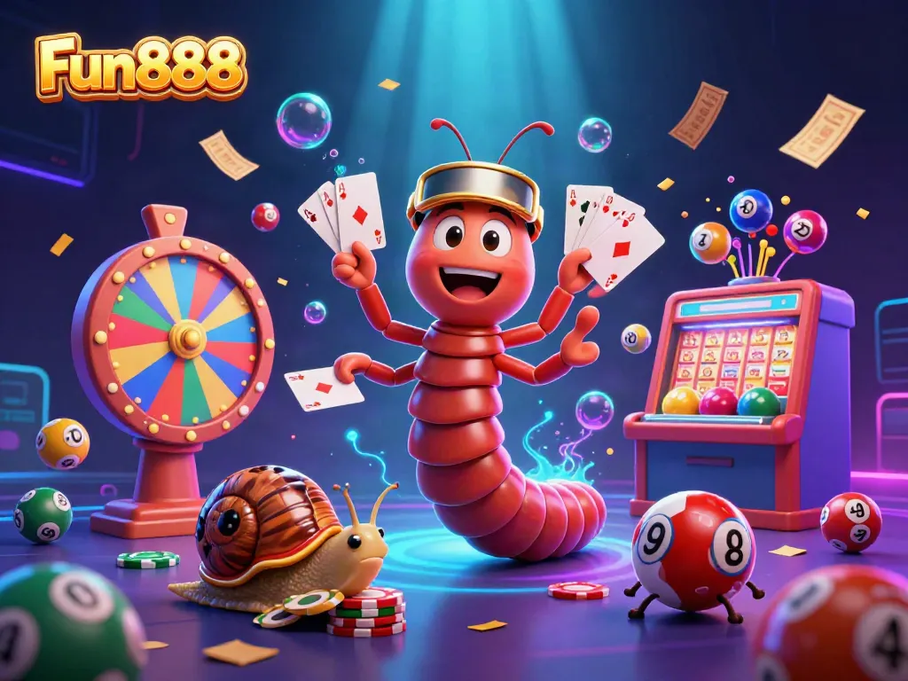 Fun888 lively 3D casino scene featuring a millipede dealer, snail high-roller, and celebratory lottery elements.