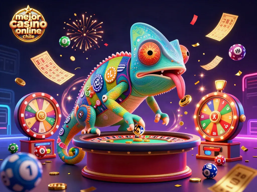 Disfruta de la celebración en el mejor casino online chile con un camaleón dueño del casino rodeado de juegos y premios.