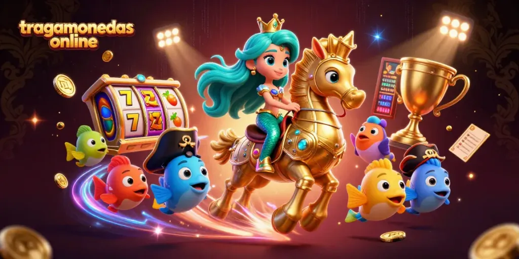 Juega tragamonedas online con nuestra ilustración vibrante de la reina de las tragamonedas en un escenario dinámico.