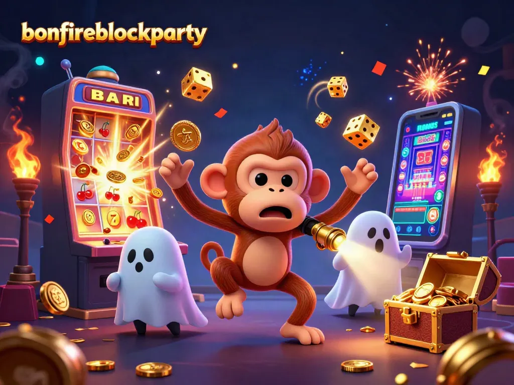 Engage in the bonfireblockparty with a playful poltergeist monkey amidst a vibrant casino.