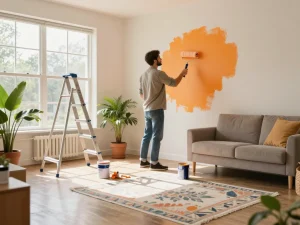 Actividades de mejora del hogar que muestran servicios hogar con un propietario pintando la pared de una sala de estar.