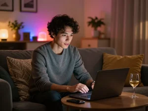 Engaging in NSFW chat on a laptop in a cozy living room setting, highlighting intimacy and comfort.