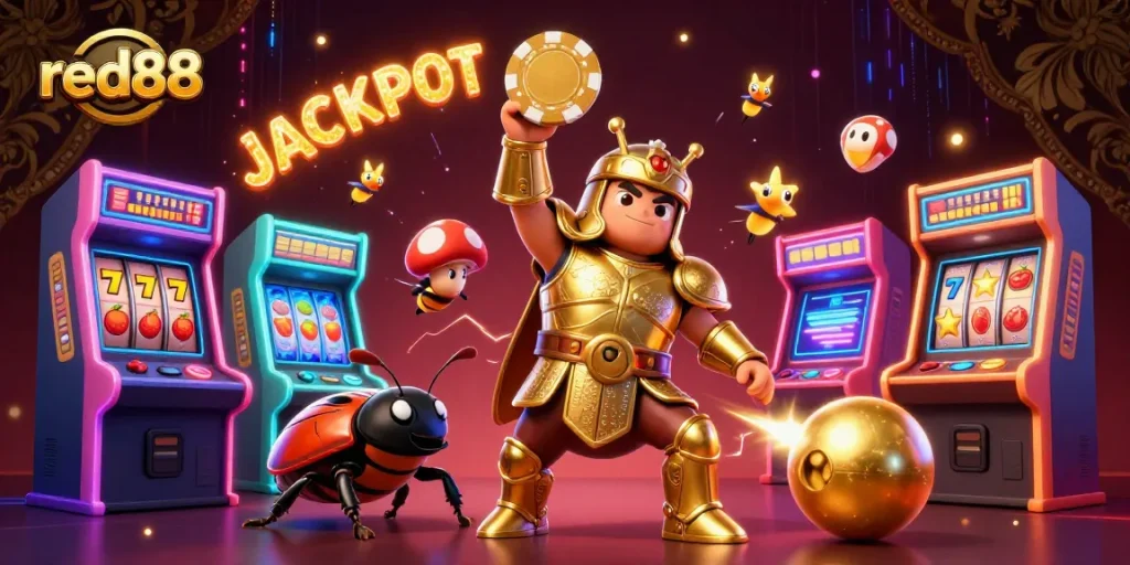 Experience thrilling victories with red88 in a colorful casino-themed 3D illustration.