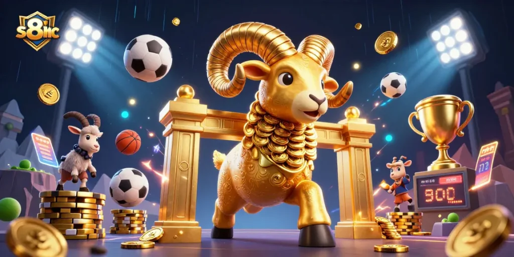 S8inc showcases a dynamic online casino scene with a golden ram charging through golden gates, symbolizing winning strategies in gambling.