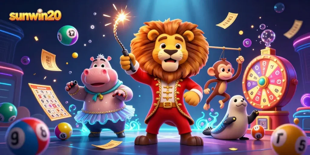Engage in excitement with sunwin20 carnival-themed gaming illustration showcasing characters and vibrant casino elements.