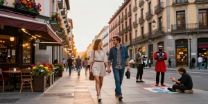 Una pareja disfrutando de las Noticias de Madrid mientras pasean por las calles vibrantes de la ciudad.