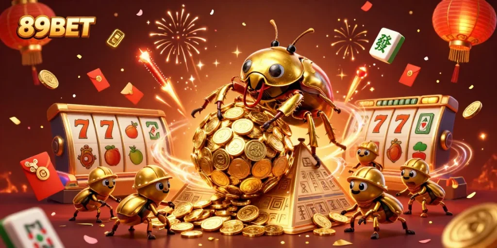 Engage with the vibrant world of 89BET's casino gameplay featuring a playful scene of golden beetles and slot symbols.