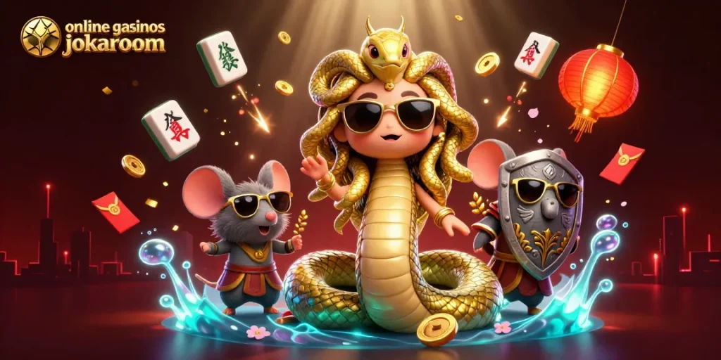 Engage with exciting online casino games at JokaRoom, featuring vibrant 3D characters and casino elements.