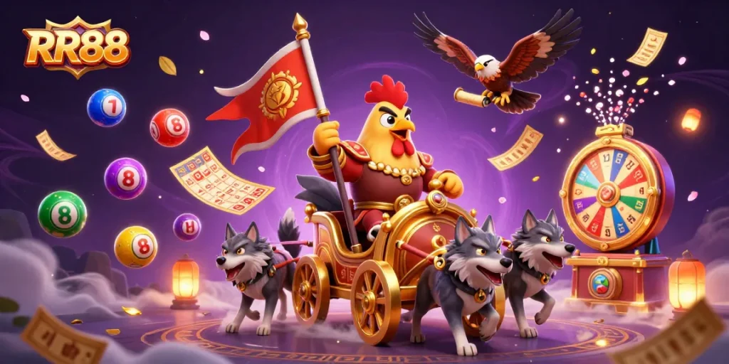 RR88 offers a vibrant scene of a rooster warlord in a dynamic casino setting with colorful game elements.