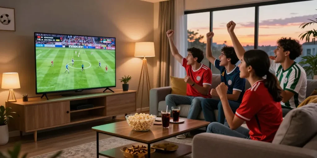 Friends enjoying rojadirectatv football match in a cozy living room atmosphere.