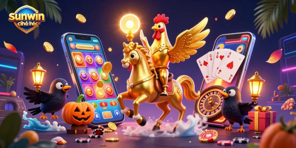 Engage with sunwin chính thức as golden rooster embodying luck in a vibrant casino scene.