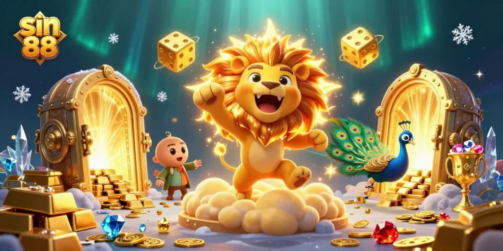 Experience exciting sin 88 gaming with bright treasures, golden dice, and roaring lion in 3D.