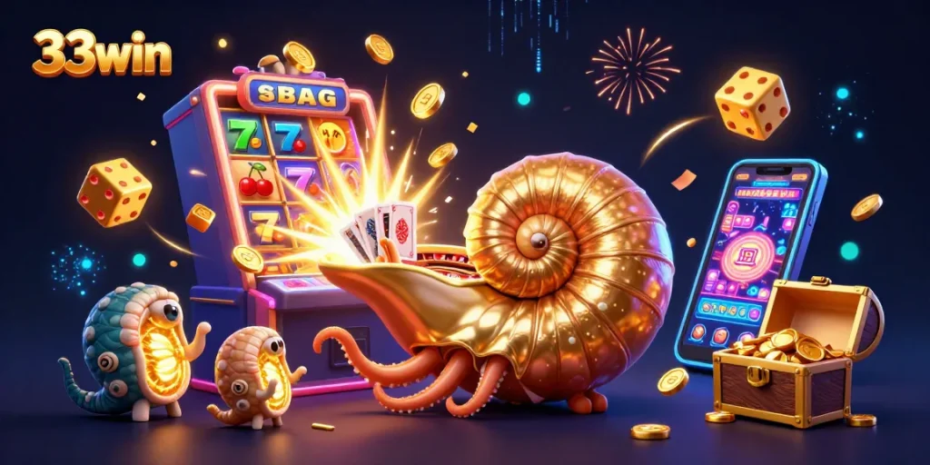 Experience the thrill of gambling at 33win with a vibrant, dynamic 3D casino illustration showcasing excitement and jackpots.